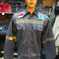 Baju Safety Lengan Panjang Abu Abu Plus Logo Bendera Dan K3 / Seragam Kerja Proyek